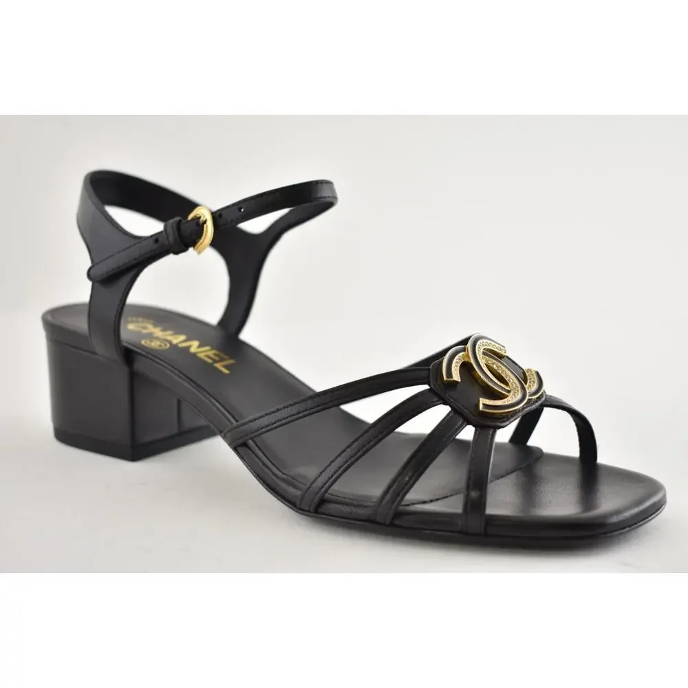 Chanel 25P Black Leather Crystal Gold CC Logo Ankle Strap Block Heel Sandal 37.5